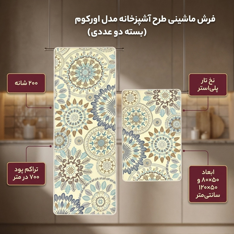 فرش ماشینی 200 شانه زمینه کرم حاشیه زرد مدل چاپی بدون پرز بدون تار و پود طرح آشپزخانه اورکوم کد kitchen.5004.01 بسته دو عددی
