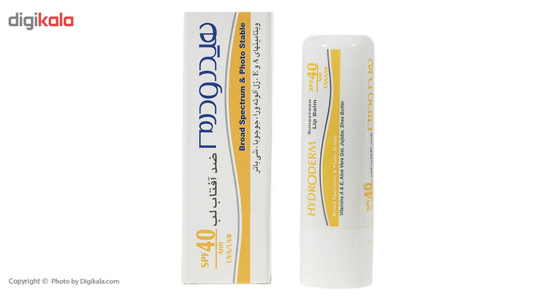 بالم لب هیدرودرم مدل SPF40 مرطوب‌کننده و ضدآفتاب با عصاره آلوئه‌ورا و شی‌باتر، مقاوم در برابر آب و تعریق، مناسب پوست خشک، جامد ماتیکی، وزن 4.5 گرم