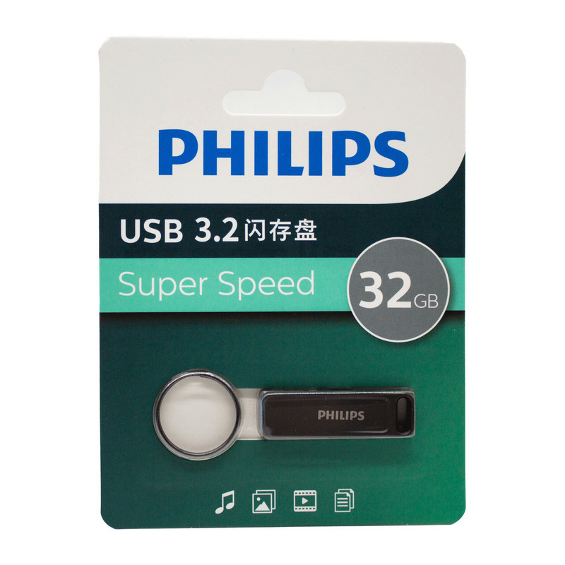 فلش مموری فیلیپس مدل FM21UA-F ظرفیت 32 گیگابایت با رابط USB 3.2، سرعت خواندن 130 مگابایت بر ثانیه، سرعت نوشتن 80 مگابایت بر ثانیه، مقاوم در برابر خش و اثر انگشت، سازگار با ویندوز، مک او اس و لینوکس