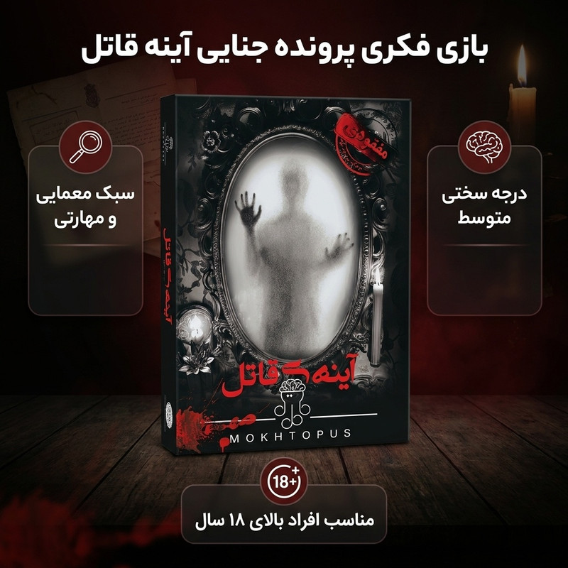 بازی فکری بردگیم پرونده جنایی آینه قاتل با درجه سختی متوسط، سبک معمایی و مهارتی، تولید داخل، مناسب افزایش مهارت تحلیل و حل مسئله