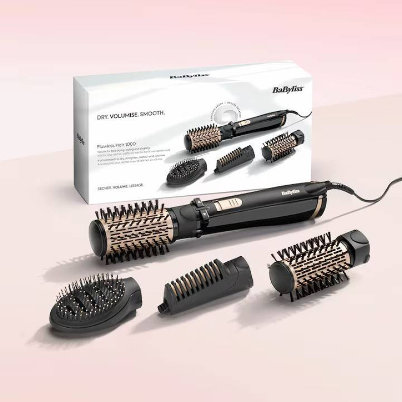 سشوار برس‌دار چرخشی 1000 وات بابیلیس مدل AS964ROE، موتور DC، وزن 1050 گرم، دارای سری برس‌دار گرد باریک، سری برس‌دار تخت، سری چرخشی، سری دندانه‌دار با ویژگی صاف‌کنندگی، با قابلیت فناوری تولید یون