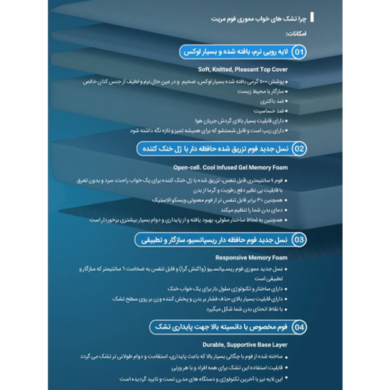 تشک مریت مدل مموری فوم دو نفره سایز 200×140 سانتی متر