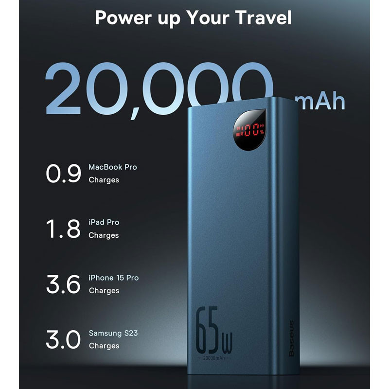 پاوربانک 65 وات بیسوس مدل PPADM65-S ظرفیت 20000 میلی آمپر ساعت به همراه کابل USB-C به USB-A