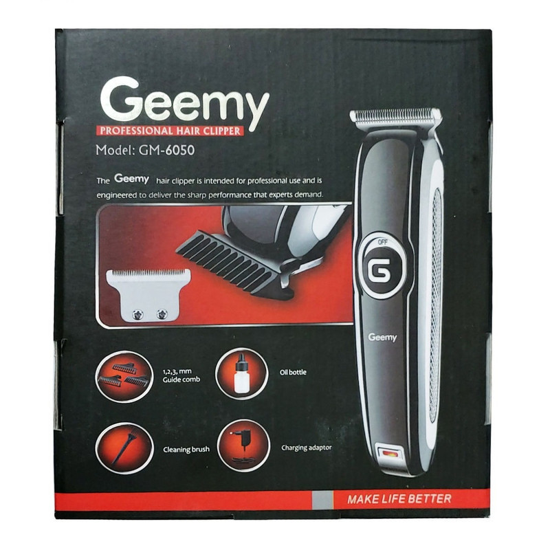 ماشین اصلاح موی سر و صورت جیمی مدل GM-6050 با تیغه استیل ضد زنگ، اصلاح برش مستقیم با دقت 0.1 میلی‌متر، قابلیت صفرزن، خط زن و حجم زن، باتری با 70 دقیقه زمان استفاده و نمایشگر وضعیت شارژ و سه شانه اصلاح 1، 2 و 3 میلی‌متری