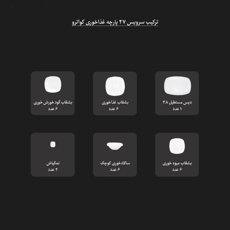 سرویس غذاخوری 27 پارچه چینی زرین ایران سری کواترو مدل montecarlo 2