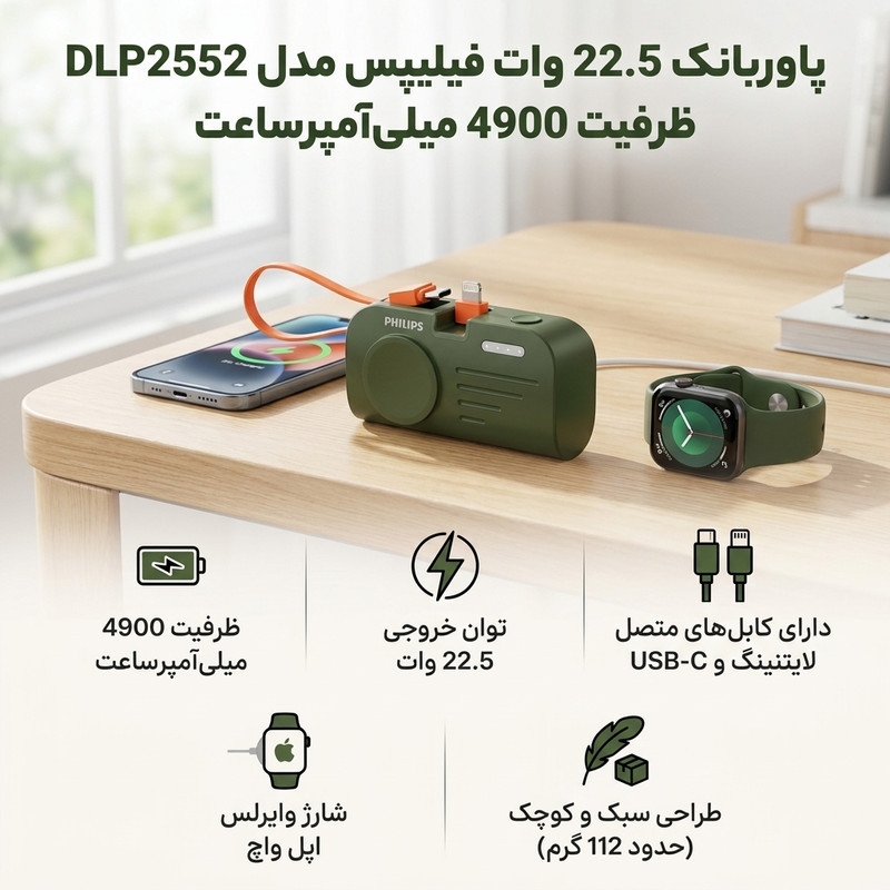 پاوربانک 12 وات فیلیپس مدل DLP2552 ظرفیت 4900 میلی‌آمپرساعت