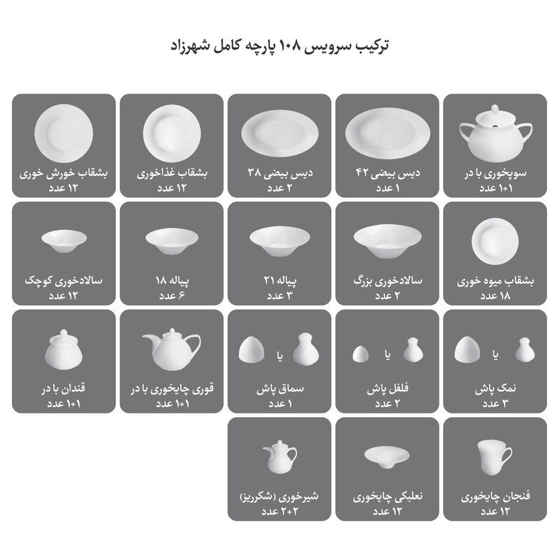 سرویس غذاخوری 108 پارچه 12 نفره چینی زرین ایران مدل شهرزاد آران درجه یک