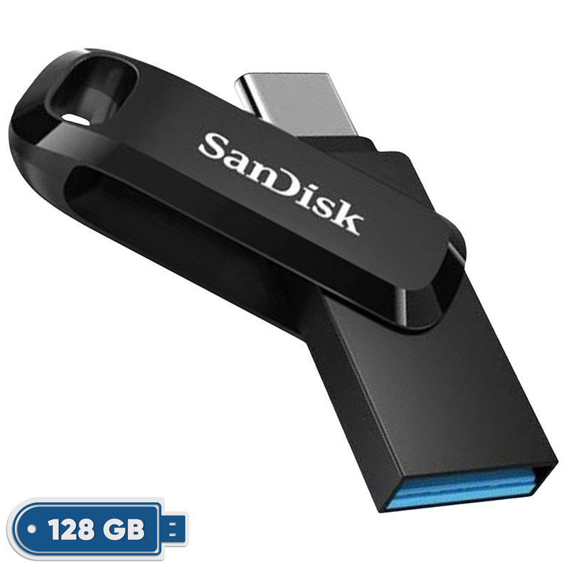 فلش مموری دو رابط سن دیسک مدل Ultra Dual Drive Go ظرفیت 128 گیگابایت با USB 3.2 Gen1، طراحی چرخشی، بدنه فلزی، سازگار با گوشی، تبلت، کامپیوتر و تلویزیون