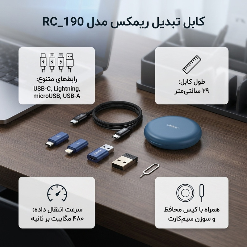 کابل تبدیل USBUSB-C به microUSB  لایتنینگ  USB-C ریمکس مدل RC_190 طول 0.29 متر به همراه سوزن سیم کارت