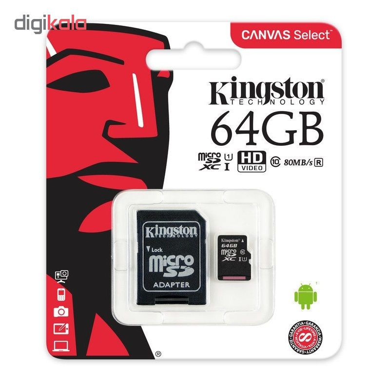 کارت حافظه microSDHC کینگستون مدل Canvas Select کلاس 10 استاندارد UHS-I U1 سرعت 80MBps ظرفیت 64 گیگابایت به همراه آداپتور SD