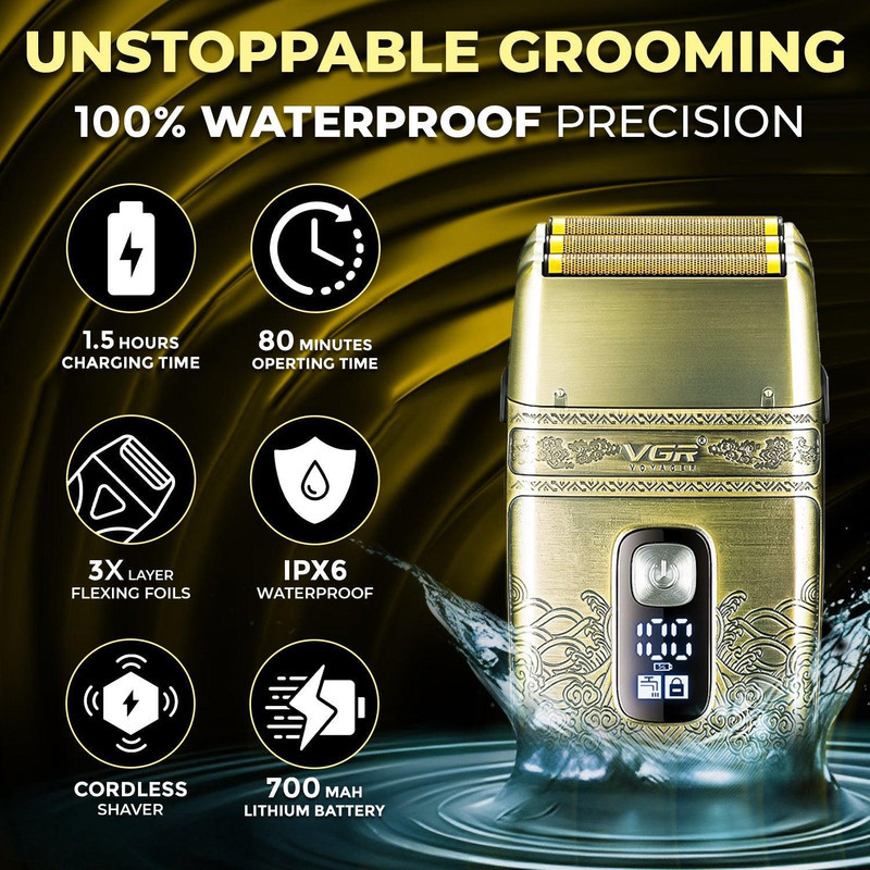 ماشین اصلاح موی صورت وی جی ار مدل V-335 با موتور 4500 دور در دقیقه، 3 تیغه فویلی، باتری 700 میلی‌آمپر ساعت، نمایشگر شارژ، طراحی ارگونومیک و مقاوم در برابر آب با قابلیت استفاده زیر دوش و شارژ USB
