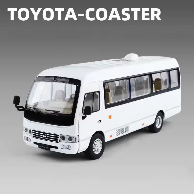 ماکت ماشین ناب سل مدل مینی بوس تویوتا کاستر فلزی سانروف چراغدار موزیکال عقب کش Toyota Coaster Bus به همراه جاسوییچی
