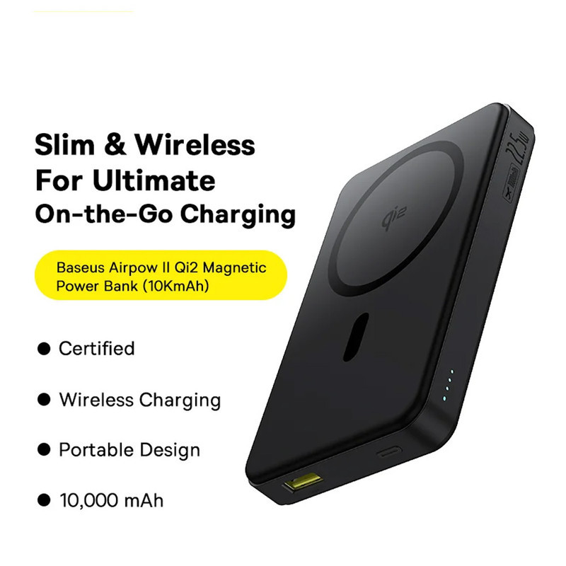 پاوربانک بی‌سیم 22.5 وات بیسوس مدل Airpow Ⅱ Qi2 Magnetic ظرفیت 10000 میلی‌آمپر ساعت