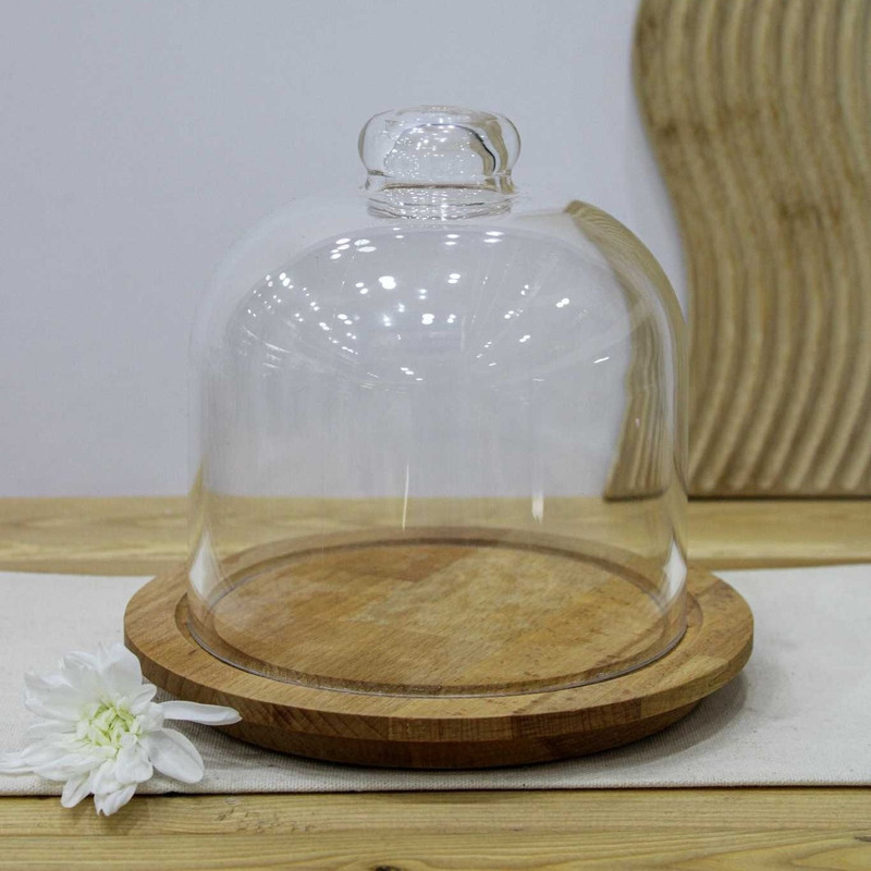 ظرف سرو پنیر پایه چوبی با درپوش شیشه‌ای شفاف، ابعاد 17.5×17.5×16، وزن 500 گرم، مناسب شستشو با دست، فرم دایره‌ای