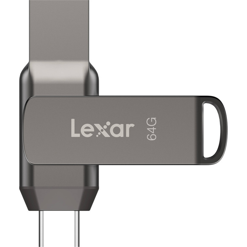 فلش مموری لکسار مدل JumpDrive Dual Drive D400 ظرفیت 64 گیگابایت با رابط USB 3.1 Type-C و Type-A، بدنه فلزی مقاوم در برابر آب، ضربه، شوک و گرد و غبار، سرعت انتقال تا 130 مگابایت بر ثانیه و قابلیت رمزگذاری خودکار داده‌ها