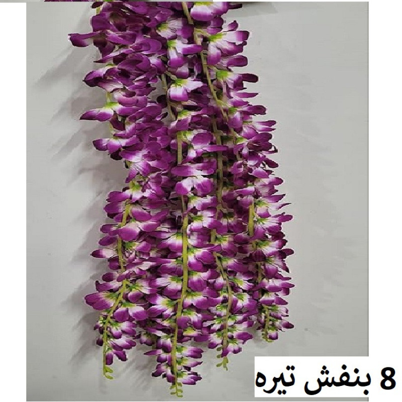 گل مصنوعی مدل آویز ارکیده با 5 شاخه گلدار، قابل تنظیم، قابل شستشو و انعطاف پذیر، مناسب فضای باز و گل‌های آپارتمانی با نصب دیواری، آویزی و ایستاده، ابعاد 85x23x5 سانتی‌متر و وزن 110 گرم