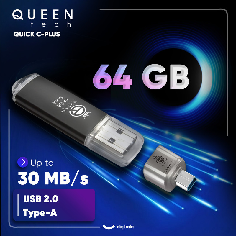 فلش مموری کوئین تک مدل QUICK C-PLUS ظرفیت 64 گیگابایت با رابط USB 2.0 و مبدل USB-C، سرعت انتقال 30 مگابایت بر ثانیه، طراحی درپوش‌دار، مناسب گوشی، تبلت، کامپیوتر و تلویزیون