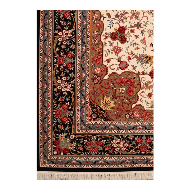 فرش ماشینی 700 شانه زمینه کرم حاشیه سرمه ای مدل شاهکار نوین کد N083-2509
