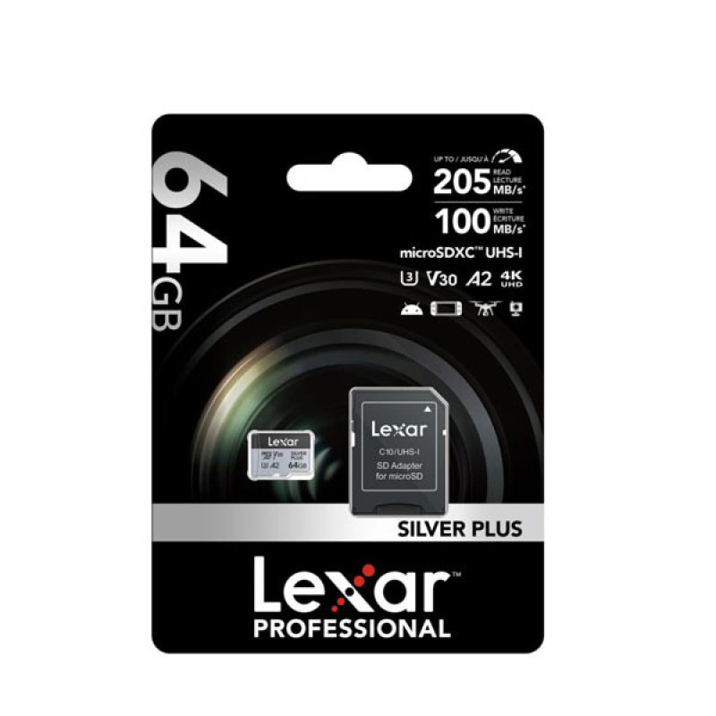 کارت حافظه microSDXC لکسار مدل SILVER PLUS کلاس A2 استاندارد UHS-U3 سرعت 205MBps ظرفیت 64 گیگابایت به همراه آداپتور SD
