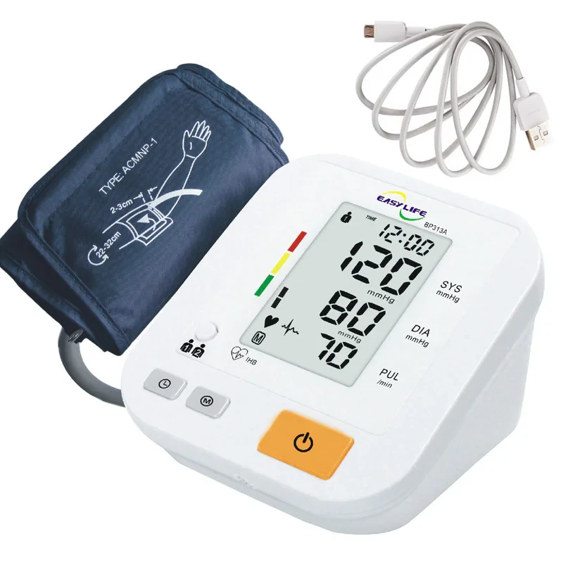 فشارسنج دیجیتال بازویی ایزی لایف مدل BP313A با قابلیت اندازه‌گیری فشار خون و ضربان قلب، تشخیص آریتمی، بازوبند قابل شستشو، منبع انرژی باتری و کابل USB، مناسب بازو 22 تا 42 سانتی‌متر