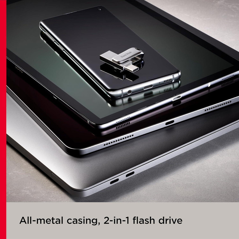 فلش مموری سن دیسک مدل Dual Drive Luxe ظرفیت 128 گیگابایت با طراحی چرخشی، دو رابط USB Type-C و USB Type-A، سرعت انتقال 150 مگابایت بر ثانیه، بدنه فلزی و سازگار با موبایل، تبلت، کامپیوتر و تلویزیون