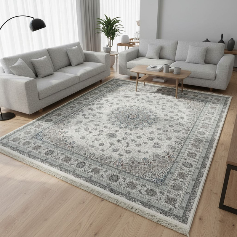 فرش ماشینی 1200 شانه زمینه کرم حاشیه الوان مدل اکریلیک طرح نایین