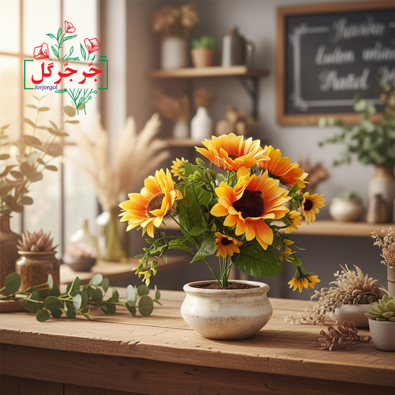 گل مصنوعی جُرجُرگل بوته آفتابگردان کد 852، مناسب نصب رومیزی و دیواری، مقاوم در برابر نور و گردوغبار، ابعاد 20×20×30 سانتی‌متر، وزن 100 گرم، مناسب فضای باز و گل‌های آپارتمانی