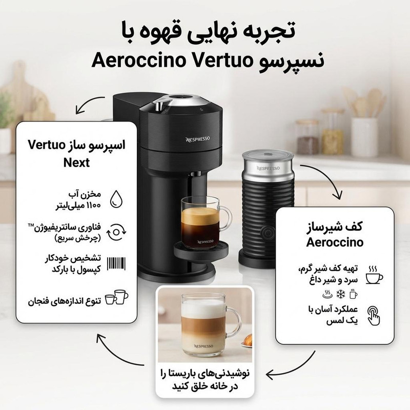 اسپرسوساز نیمه صنعتی 1100 میلی‌لیتری نسپرسو مدل Vertuo Next، با مصرف کپسول قهوه، مناسب تهیه اسپرسو، کاپوچینو، ریسترتو، لانگو، کافه لاته و ماکیاتو، دارای 1 عدد نازل قهوه، اتصال به موبایل از طریق اپلیکیشن، سینی چکه گیر، به همراه کف شیرساز نسپرسو