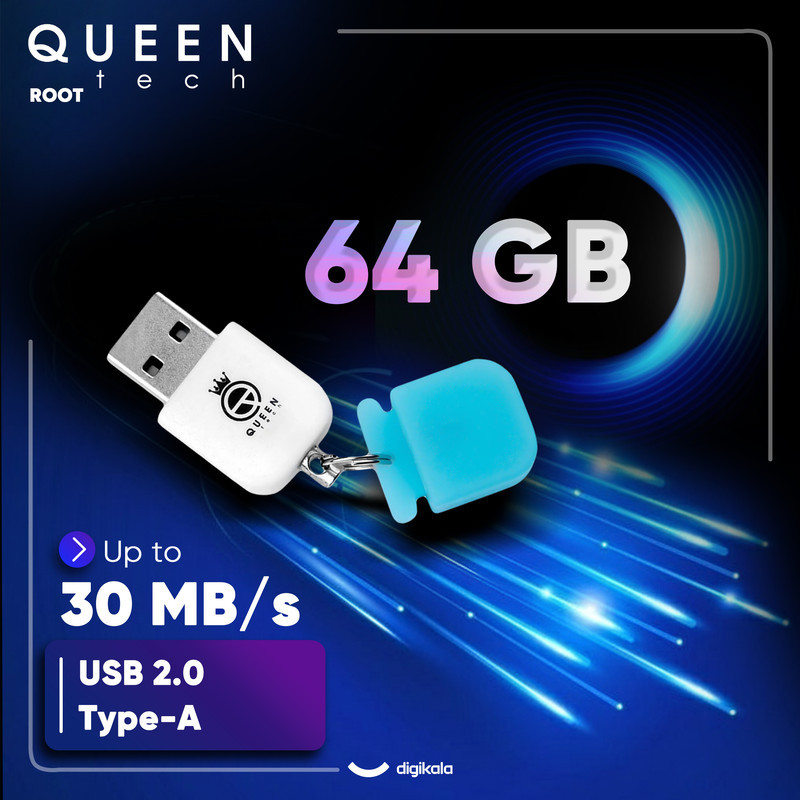 فلش مموری کوئین تک مدل ROOT ظرفیت 64 گیگابایت با رابط USB 2.0 و سرعت خواندن 25 مگابایت بر ثانیه، طراحی درپوش‌دار و بند آویز، سازگار با تمام سیستم‌عامل‌ها و دستگاه‌های مختلف