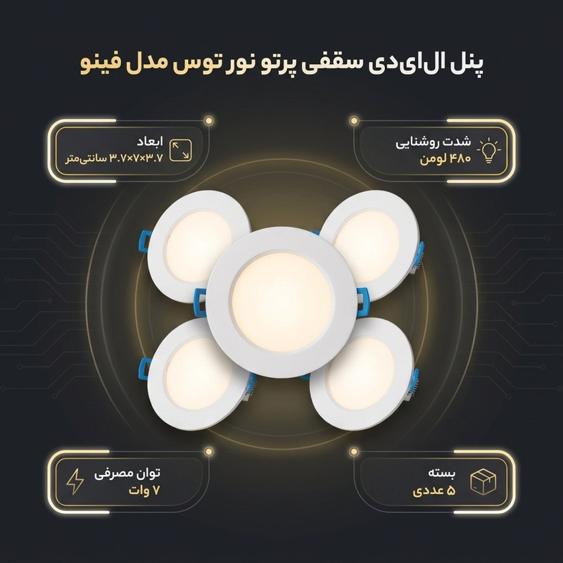 پنل ال ای دی سقفی 7 وات پرتو نور توس مدل توکار فینو بسته 5 عددی