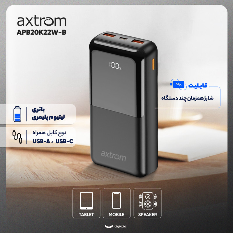 پاوربانک 18 وات اکستروم مدل APB20K22W-B ظرفیت 20000 میلی آمپر ساعت