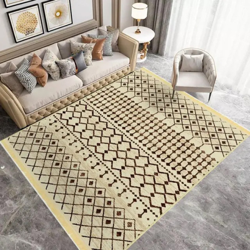 فرش ماشینی 1000 شانه زمینه کرم - قهوه‌ای حاشیه بژ هانوکس مدل مراکشی کد MHX.009.5