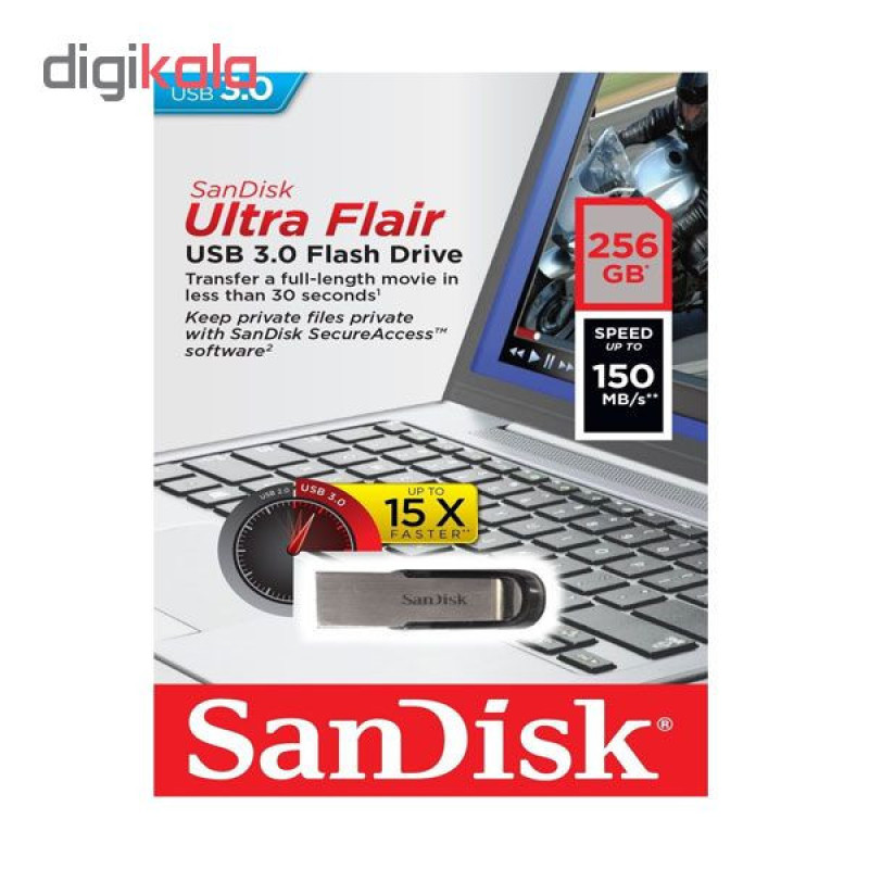 فلش مموری سن دیسک Ultra Flair CZ73 ظرفیت 256 گیگابایت، سرعت خواندن 150 مگابایت بر ثانیه، طراحی فلزی و سبک