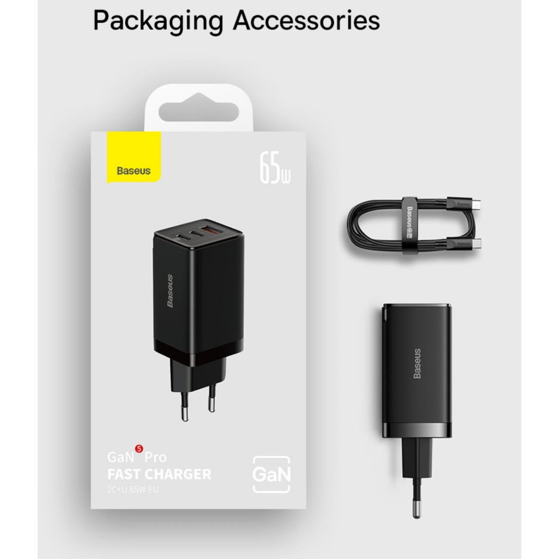 شارژر دیواری 65 وات باسئوس مدل GaN5 Pro Fast Charger به همراه کابل USB-C