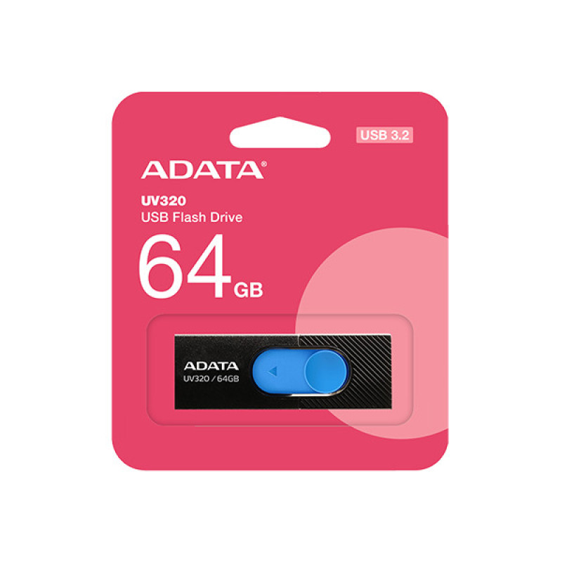 فلش‌مموری کشویی ای دیتا مدل UV320 ظرفیت 64 گیگابایت با رابط USB 3.2 Gen1 سرعت انتقال تا 10 گیگابیت بر ثانیه و سازگار با ویندوز، مک، لینوکس، گوشی و تلویزیون