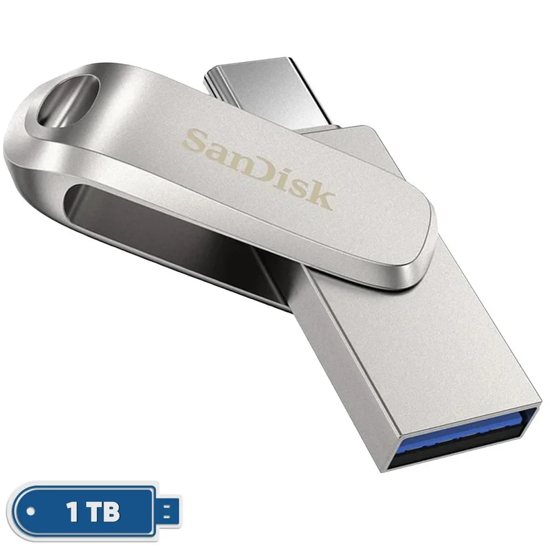 فلش مموری سن دیسک Ultra Dual Drive Luxe ظرفیت 1 ترابایت با دو رابط USB Type-C و USB Type-A، طراحی تاشو، فلزی، سازگار با ویندوز، مک، اندروید و iOS، استاندارد USB 3.2 Gen2