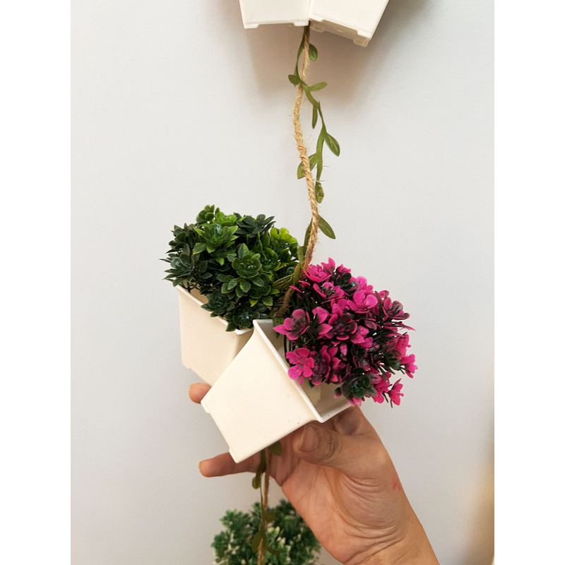 گلدان آویز 6 عددی به همراه گل مصنوعی، مناسب دکوراسیون، ابعاد 10×10×90 سانتی‌متر، وزن 200 گرم