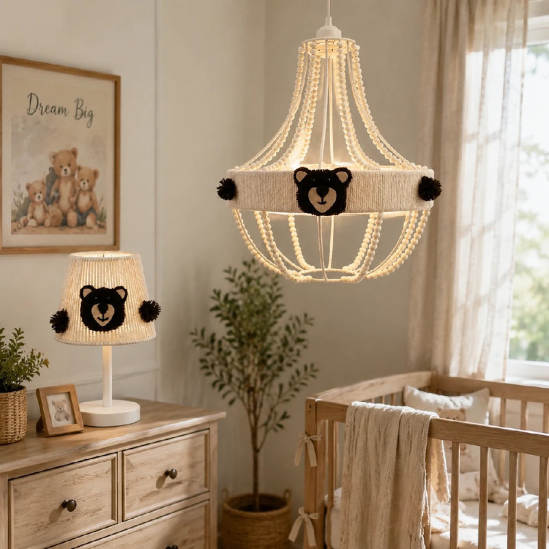 لوستر بافتنی مدل ست لوستر و آباژور کودک طرح Teddy مجموعه ۲ عددی