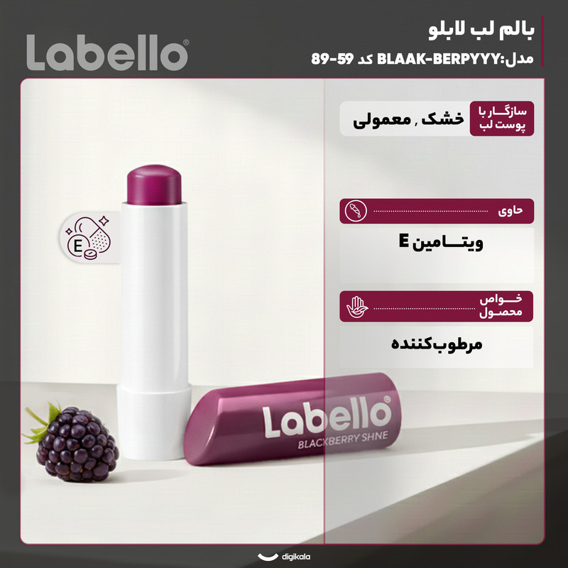 بالم لب مرطوب‌کننده لابلو مدل BLAAK-BERPYYY با عصاره شی باتر مناسب پوست خشک و معمولی بانوان با محفظه ماتیکی