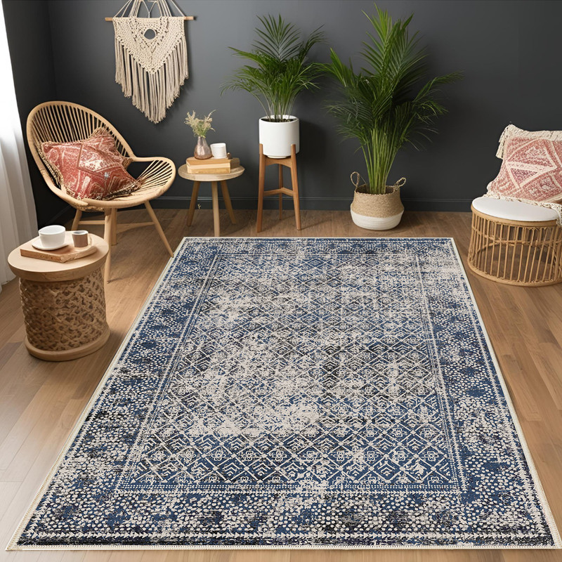 فرش ماشینی 1000 شانه اورکوم زمینه کرم حاشیه سرمه ای طرح مینیمال تیارا کد OR.1120.01