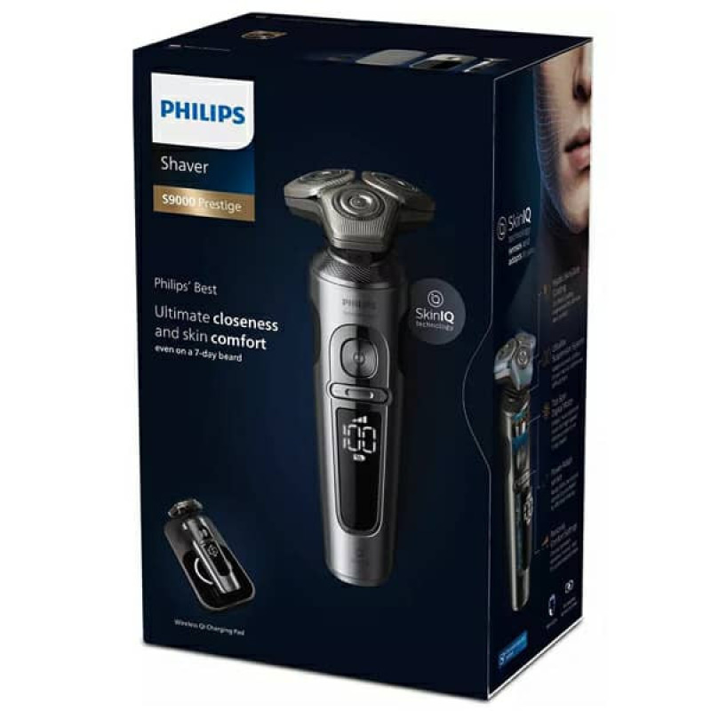 ماشین اصلاح موی صورت فیلیپس مدل SP9871 با 45 تیغه استیل، شارژ بی‌سیم Qi، قابلیت تنظیم سرعت در 3 حالت، سری چرخشی 360 درجه، ضدآب برای استفاده خشک و مرطوب، باتری لیتیومی 1200 میلی‌آمپر ساعت و قابلیت اصلاح ریش بلند تا 7 روز