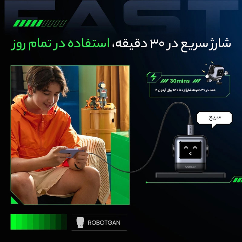 شارژر دیواری 30 وات یوگرین مدل Robot Nexode RG PD GaN Fast Charger به همراه کابل USB-C