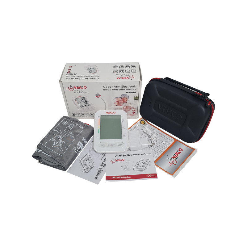 فشارسنج بازویی وکتو مدل PG-800 B18 با قابلیت سخنگو به زبان فارسی، ذخیره 90 سری اندازه‌گیری، نمایش تاریخ، منبع انرژی برق و باتری، مناسب بازو 22 تا 32 سانتی‌متر و همراه کیف و آداپتور
