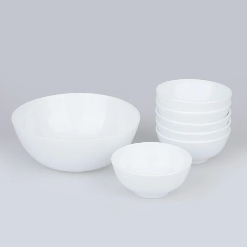 سرویس 7 پارچه آرکوپال دینو طرح دایره ورژن 7 شامل 1 کاسه بزرگ 7×19×19 سانتی‌متر وزن 375 گرم و 6 پیاله 6×11×11 سانتی‌متر وزن 230 گرم، مقاوم در برابر شوک حرارتی، مناسب شستشو با دست و ماشین ظرفشویی