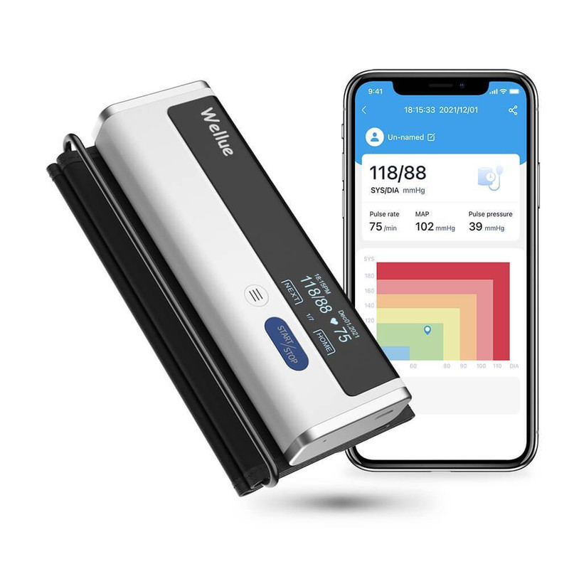 فشارسنج بازویی دیجیتال ولو مدل Armfit با کاف یکپارچه قابل تنظیم 22 تا 42 سانتی‌متر، اتصال بلوتوث به اپلیکیشن، حافظه 31–60 رکورد، اندازه‌گیری فشار خون و ضربان قلب، شارژی و قابل حمل