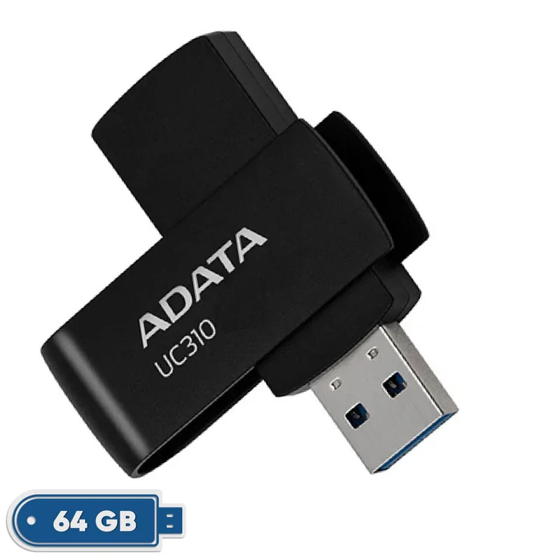 فلش مموری ای دیتا مدل UC310 ظرفیت 64 گیگابایت با رابط USB 3.2 Gen1، طراحی چرخشی، سازگار با ویندوز، مک، لینوکس، بدون نیاز به نصب درایور و مناسب استفاده در کامپیوتر، لپ‌تاپ، گوشی و تلویزیون