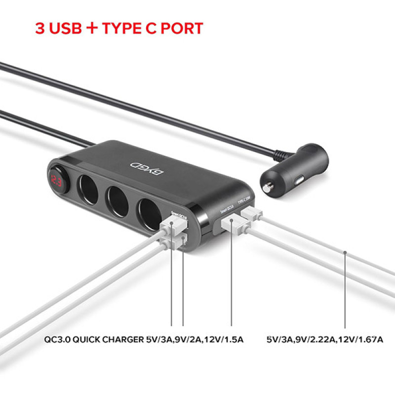 شارژر فندکی 20 وات 7 پورت بی وای جی دی مدل ‎HC68PD-1