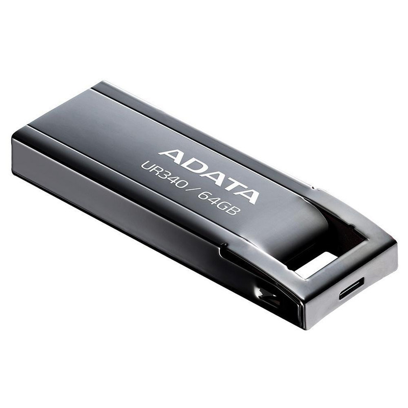 فلش مموری ای دیتا مدل UR340 ظرفیت 64 گیگابایت با بدنه فلزی، رابط USB 3.2 Gen1 Type-A، سرعت انتقال 100 مگابایت بر ثانیه و پشتیبانی از سیستم‌عامل‌های ویندوز، مک و لینوکس