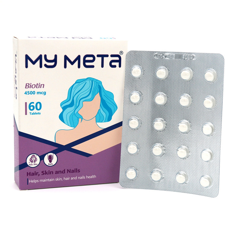 قرص بیوتین 4500mcg مای متا، تقویت‌کننده سلامت پوست، مو و ناخن، ضد ریزش، افزایش استحکام و ضخامت مو و ناخن، کمک به ترمیم و پیشگیری از شکنندگی