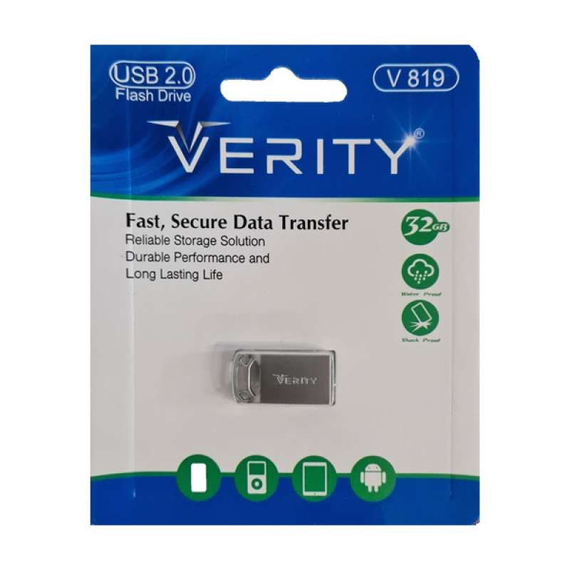 فلش مموری 32 گیگابایت وریتی مدل V-819 با رابط USB 2.0، بدنه فلزی مقاوم و ضد خش، سرعت انتقال 30 مگابایت بر ثانیه، سازگار با گوشی، تبلت، کامپیوتر و تلویزیون